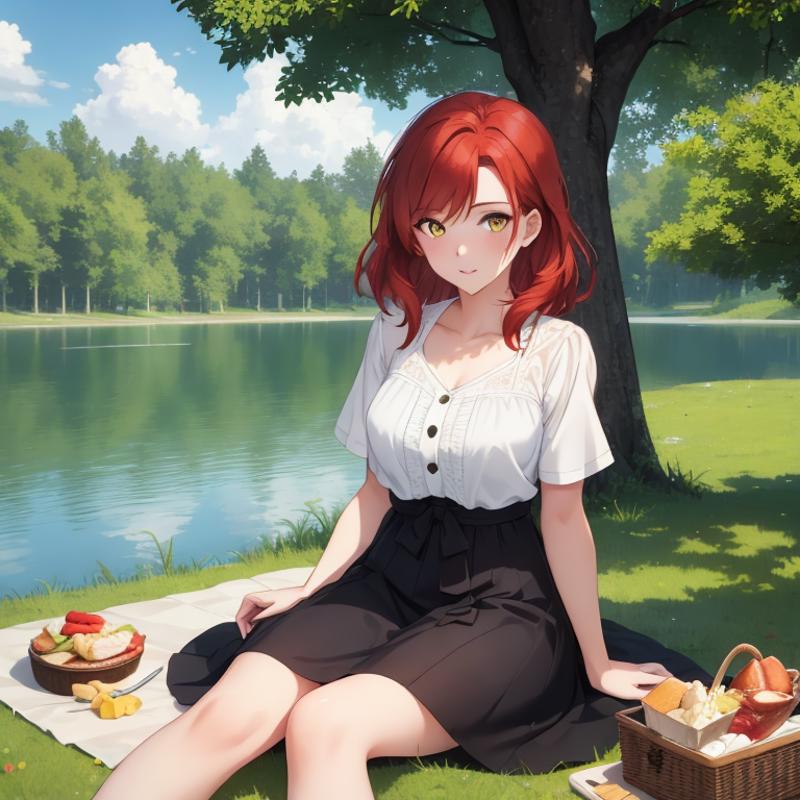 00167-2299588987-1Girl, mature, American, redhead, medium hair, yellow eyes, sitting on a picnic blanket near a lake, elegant summer dress, happy.png